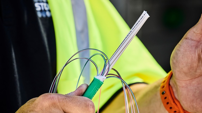 En hand som håller i en avskalad fiberkabel