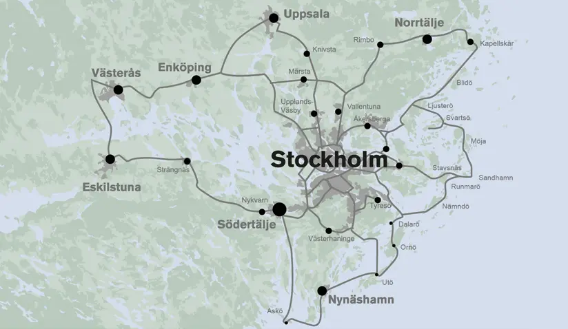 Kartillustration som visar Stokabs täckningsområde