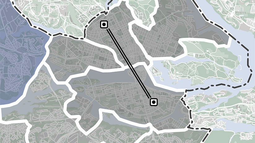 A map over Stockholm with graphic illustration that show the product Stokab Point to Point