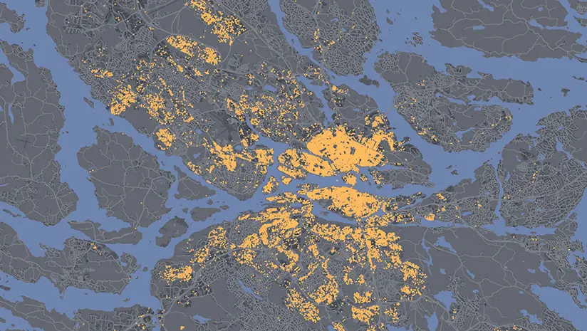 Illustrerad kartvy över Stockholm i blå ton