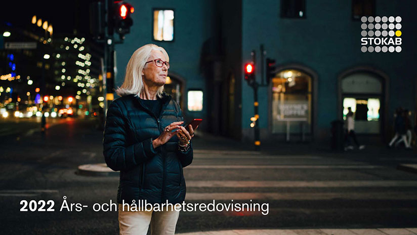 Kvällsbild på en kvinna med mobil i Stockholmsmiljö