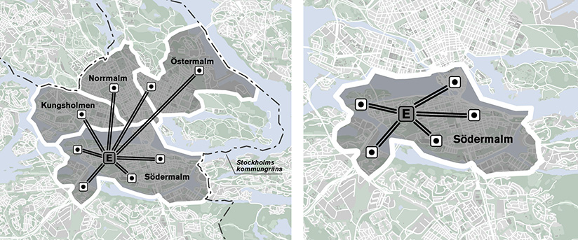 A map over Stockholm with graphic illustration that show the product Stokab Star Malm and City