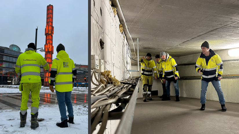 Bildcollage av två projektledare framför glasobelisken på Sergelstorg och i en kanalisationstunnel