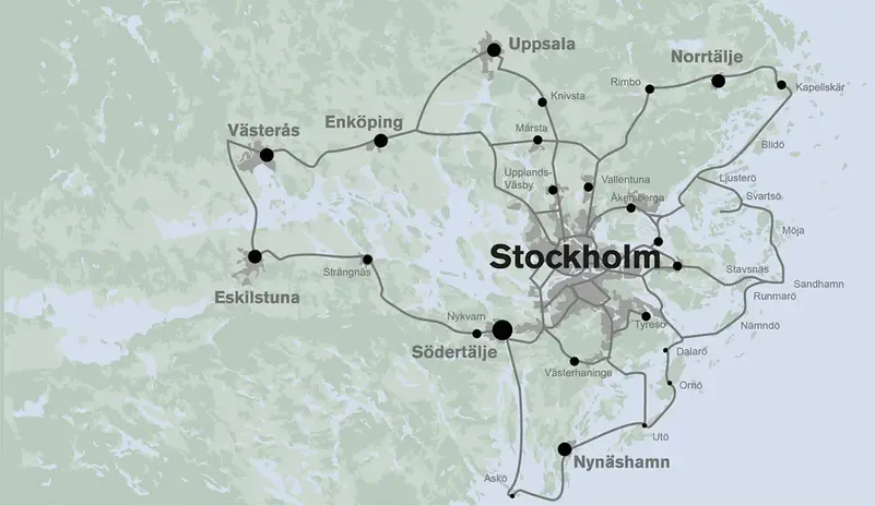 En illustrerad kartbild över Stockholm och Mälardalen med Stokabs fibernät inritat